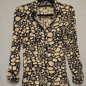 S Line Black Label Tan & Black Sheer Mesh Button Up Blouse with Roll Tabs
